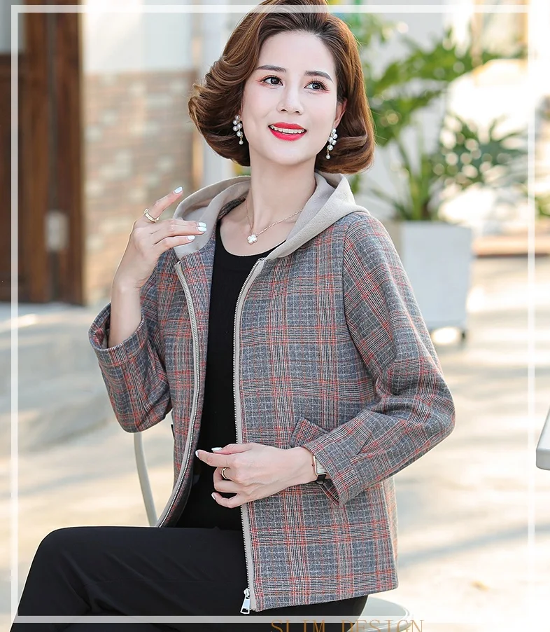 2021 New Spring Autumn Plaid Women's Jacket Middle-Aged Elderly Mothers Woolen Coat Elegant Casual Short Windbreaker Outerwear | Женская