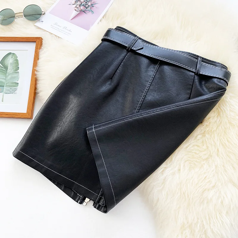 Юбка-мини женская из экокожи на молнии с высокой талией и поясом | Женская одежда