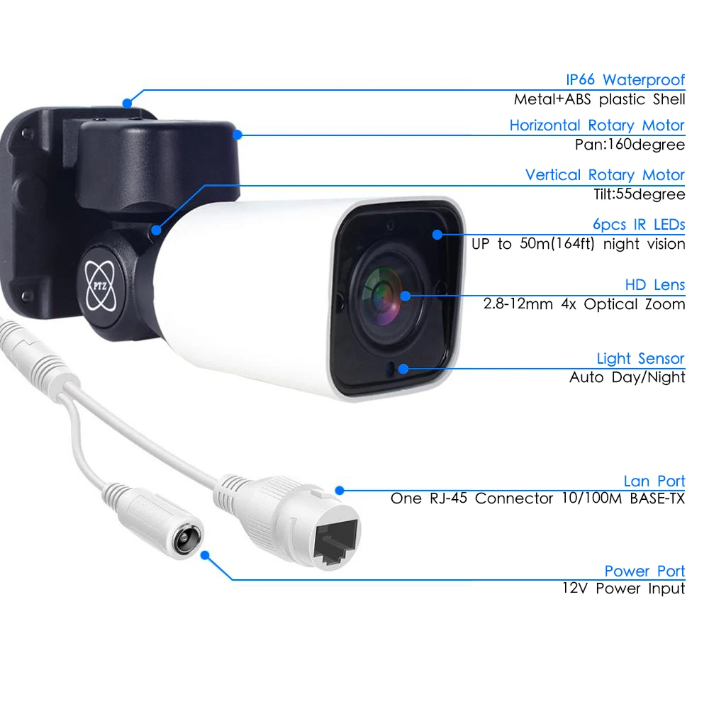 Наружная цилиндрическая IP камера HD 1080P 2 МП 5 Мп PTZ сетевая Водонепроницаемая с 4