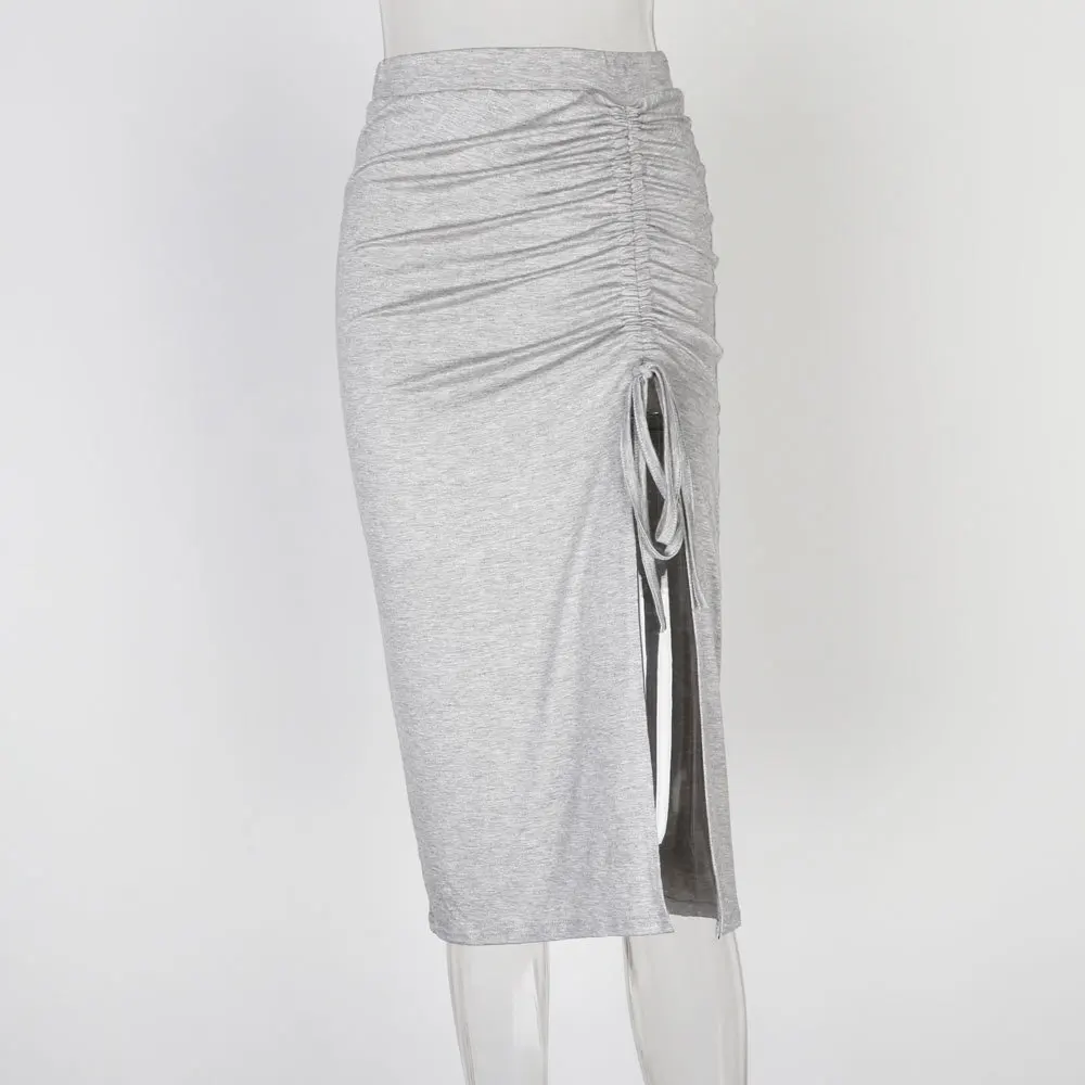 

2020 Summer Asymmetrical High Waist split drawstring Solid skirt