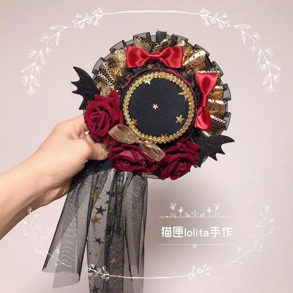 lolita Vintage Small Top hat Girl Party Cosplay Black red Star gauze Gothic rose little devil formal Gorgeous Headwear Props |
