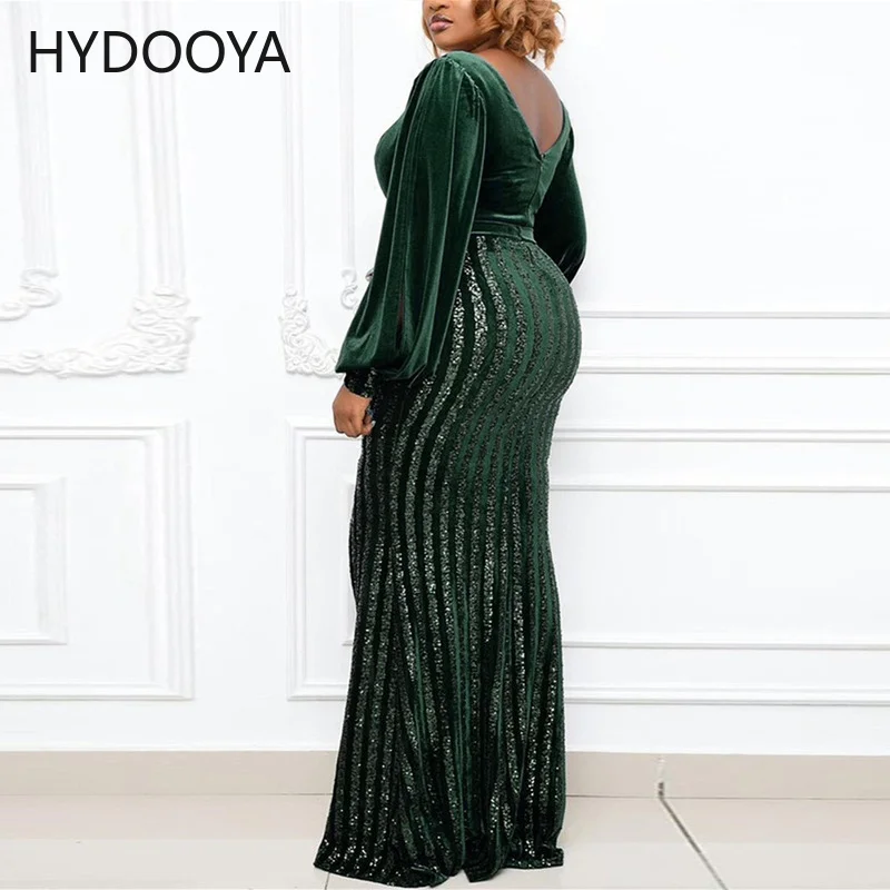 Plus Size Dress for New Year 2022 Women Clothing Green Lantern Sleeve High Split Sequin Party Maxi Dress Dropshipping Wholesale