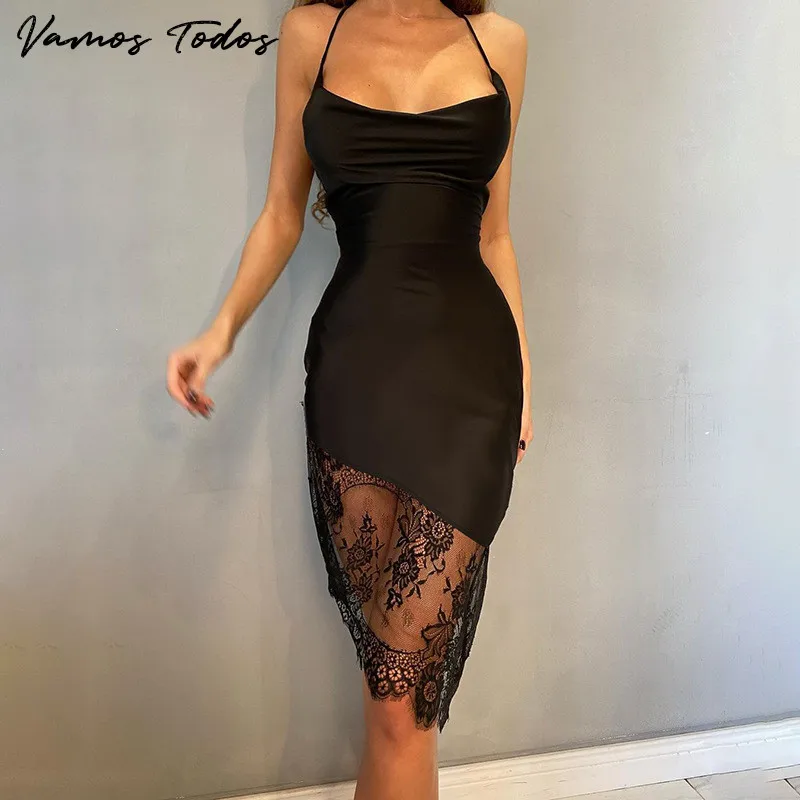 

Vamos Todos 2021 Summer Slip Backless Woman Dress Bandage Lace Sexy Black White Dresses For Women Elegant Vestido Feminino