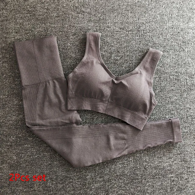 Brown 2PCS Set Новинка, 2 шт., бесшовный комплект для йоги, женская одежда для фитнеса, спортивная одежда, женские леггинсы для спортзала+ спортивный бюстгальтер с пуш-ап, спортивные костюмы для бега - Цвет: Brown 2PCS Set