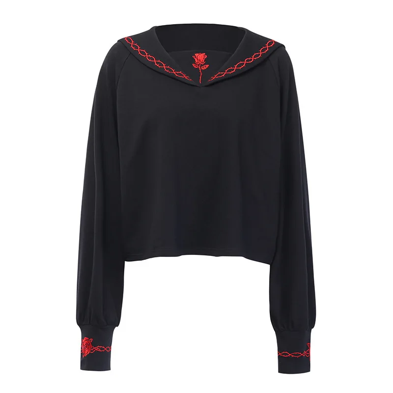 

Women black T Shirt Tops Female loose short T-shirts Hipster Diablo College style woman Navy collar embroidery tops & tees