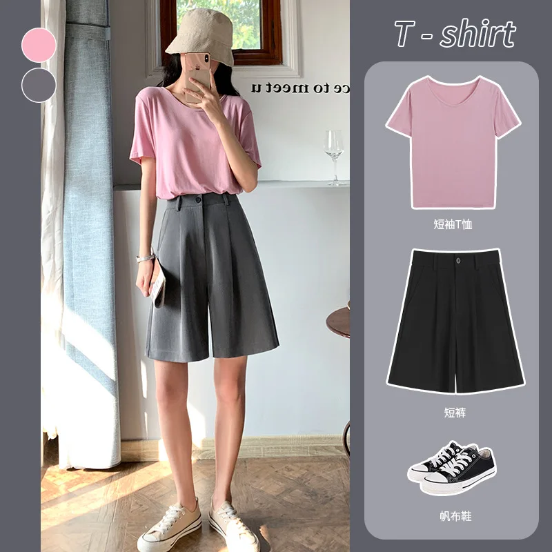 Новинка 2021 Костюмные тканевые летние прямые брюки с высокой талией средней длины