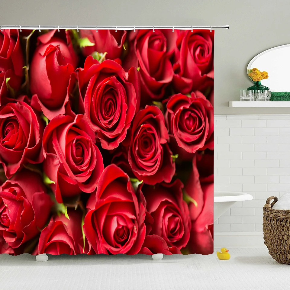 

Rose Flower Love Romantic Shower Curtains Bathroom Curtain Girl Woman Waterproof With Hooks Bathroom Decor Bath Screens