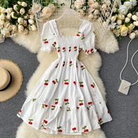 2021 new summer women square collar short sleeve elastic slim mini dress sweet fruits embroidery white dress
