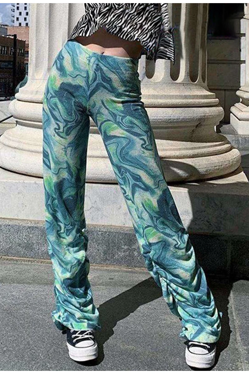 

Summer Tie Dye Slim Wide Leg Pants Women's Chic Long Pants Ladies Streetwear Casual Rudhed High Waist Women Trousers