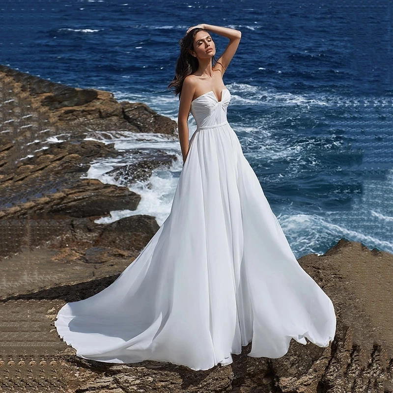 

ChuYu 2021 Chiffon Beach Sleeveless Zipper Back Strapless Wedding Dress Formal Occasion Vestido De Novia New Long Train