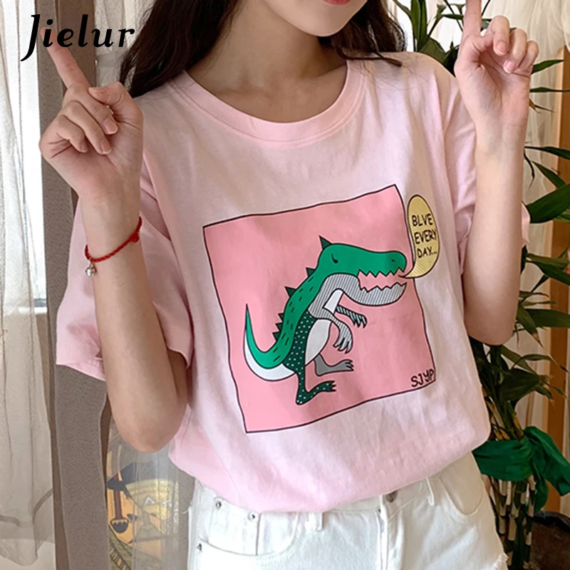 Jielur Women T-shirt Summer O-neck Cartoon Printed Casual Blusas Ladies Cute Tee Tops White Femme Korean Streetwear T Shirt 2021 | Женская