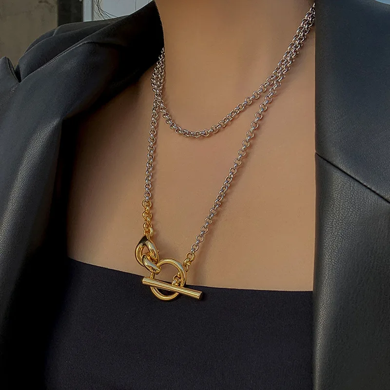 

Hip-hop Long Chain Niche Necklace Female Light Luxury Design Sense Clavicle Chain Cold Wind Two-color Stitching Chain Pendant