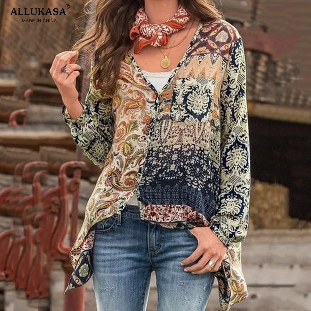 Women Casual  Blouse Fashion V-Neck Long Sleeve Print  Tops  Bohemia Print  Shirts Female  Vintage  Loose Clothes Plus Size