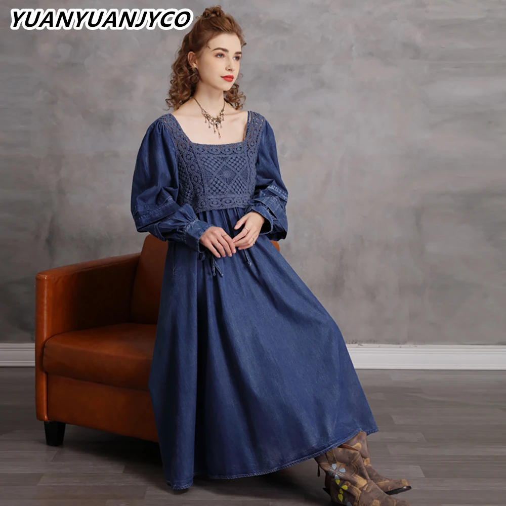 

YUANYUANJYCO Spring Autumn Women Mid-Calf Length Indie Folk Denim Dress LYQ30 Vintage Knitted Appliques A-Line Long Clothes