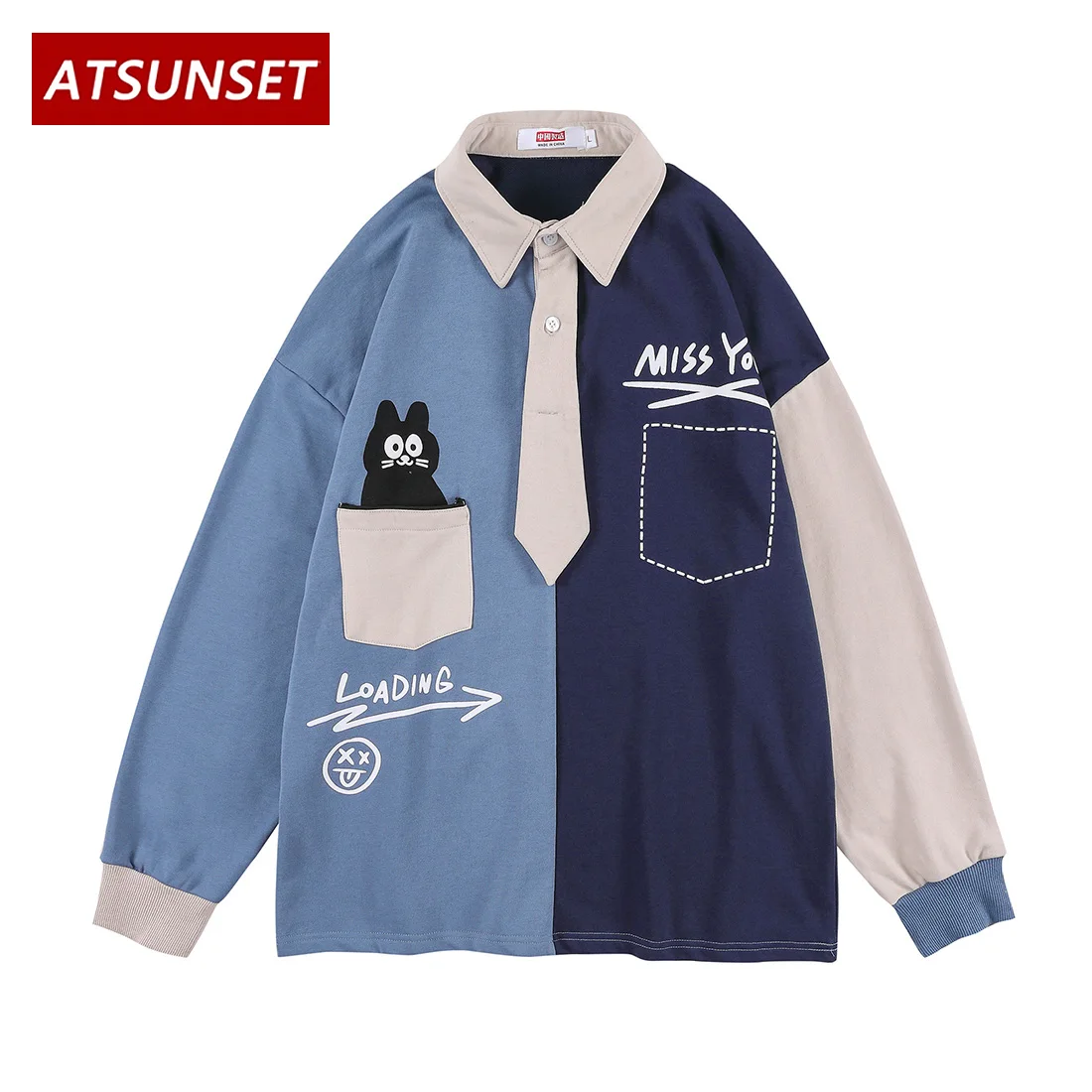 

ATSUNSET Cartoons Black Cat Polo Tie Print Sweatshirt Hip Hop Streetwear Harajuku Hoodie Cotton Pullover Top