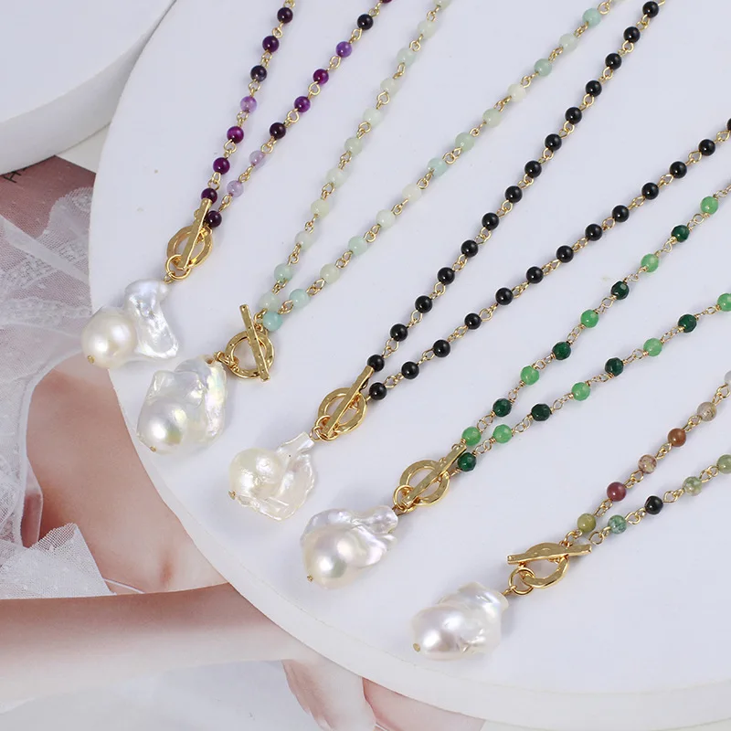 

Европейские и американские ювелирные изделия, ожерелье с длинной пряжкой из цветного камня в форме барокко и жемчуга для женщин.