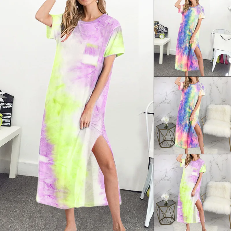 

Summer New Tie-dye Print Casual Dress Short Sleeve Women Rainbow Gradient Color Printing Mini Short Dresses Large Size S-XL