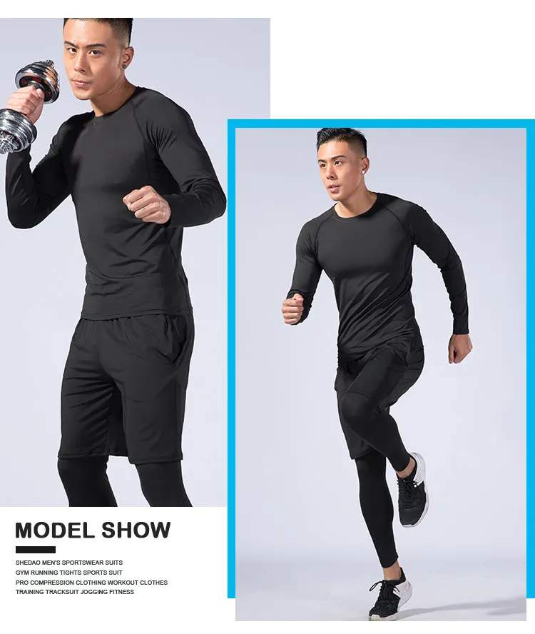 Brand Men Running Set Compression T shirt Tight Pants Sport Suit Gym Jogging Fitness Sportswear Trained Rashguard Tshirt Men MMA images - 6