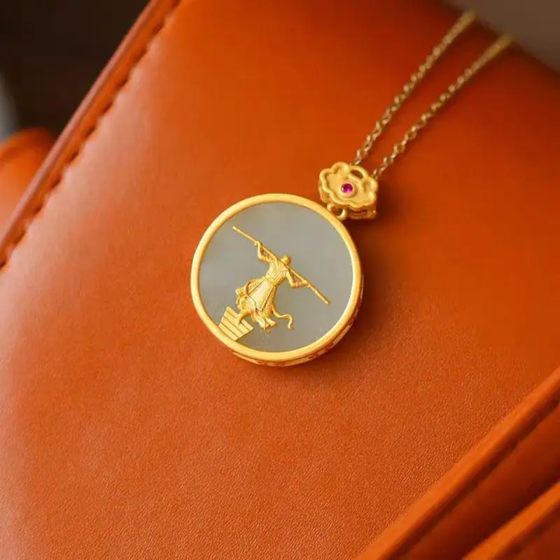 

Natural Hetian Jade Return Necklace Pendant S925 Sterling Silver Inlaid Style Silver Simple Gilding Craft