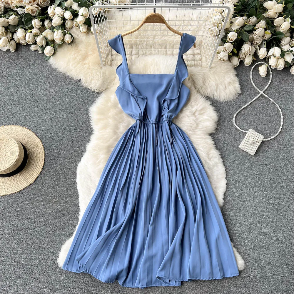 SINGREINY для женщин с оборками в Корейском стиле платье на бретелях без рукавов