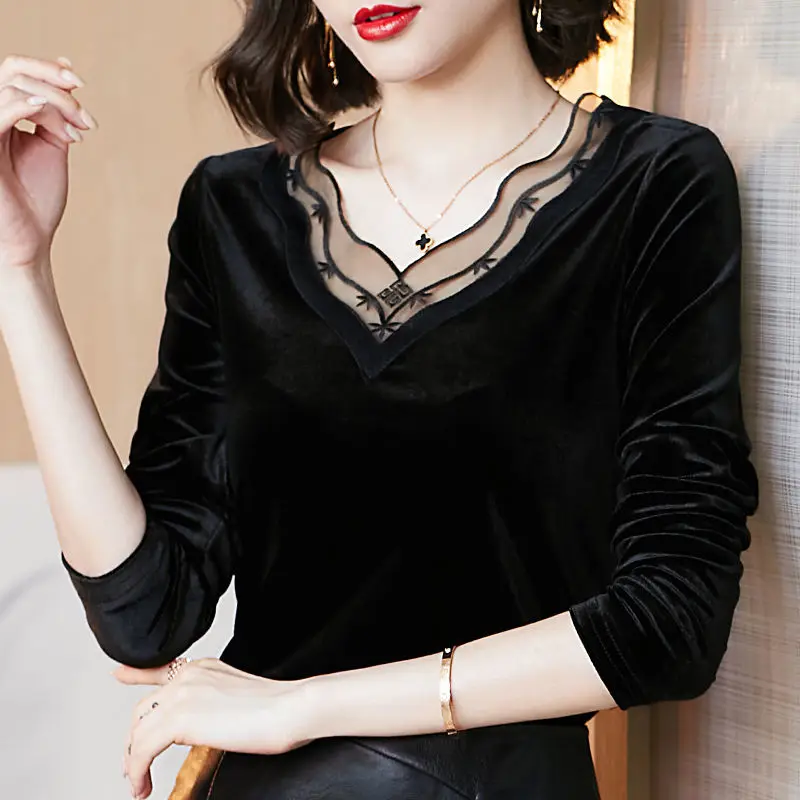Однотонная бархатная Весенняя футболка с V-образным вырезом женская модная