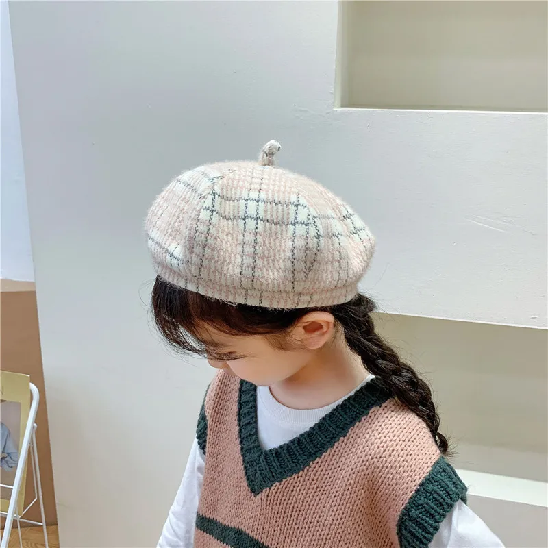 

MAXSITI U Children's Hats Autumn Winter Lattice Cashmere Sweet Girls Beret Korean Version Of children Temperament Painter's Hat