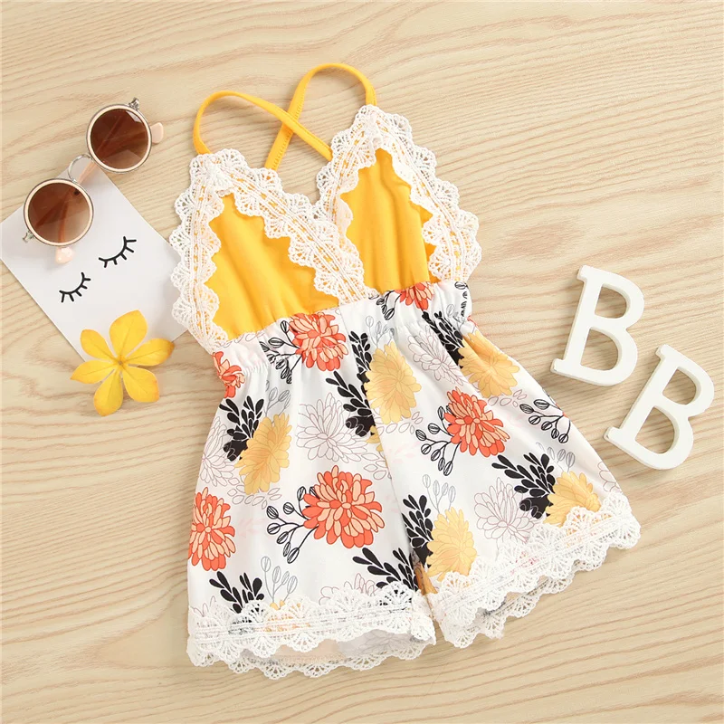 

0-3Years Toddler Baby Girls Floral/Leopard Print Romper,Newborn Infant Girls Lace Sleeveless V-neck Elastic Waist Sling Jumpsuit