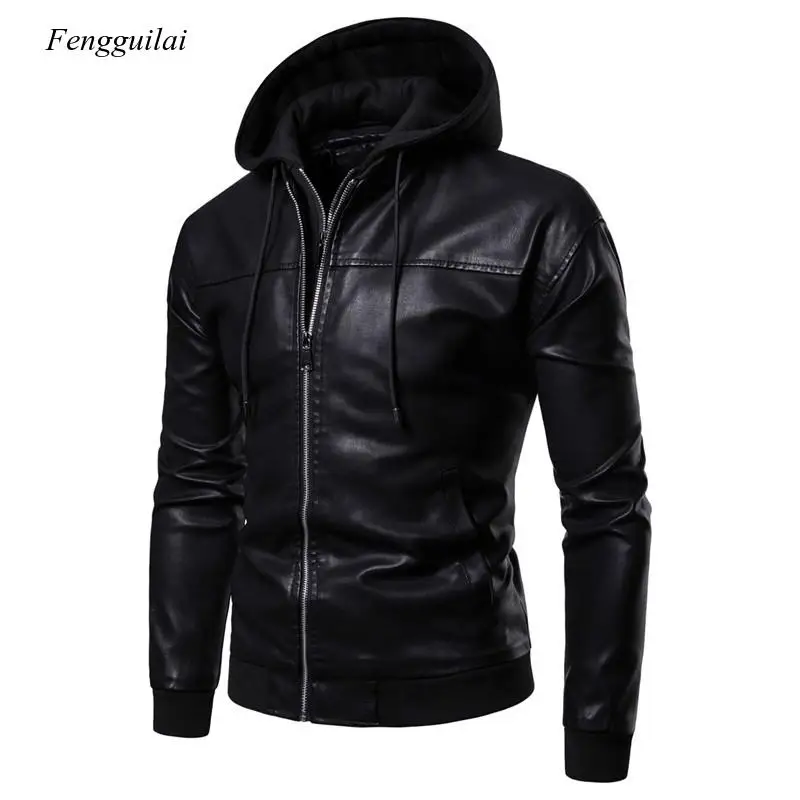 

Men Coats New Arrival PU Hooded Disassembled Fake Two Zipper Leather Jackets