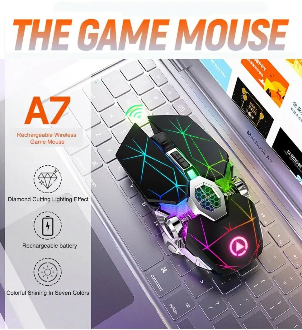 

Wireless Optical 2.4G USB Gaming Mouse 1600DPI 7 Color LED Backlit Rechargeable Silent Mice For PC Laptop