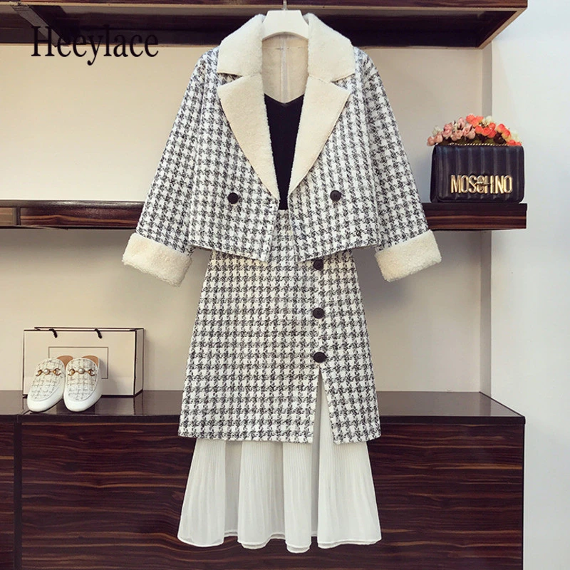 

plus size women winter tweed two piece set for women plaid notched long sleeve coats and chiffon ruffles patchwork skirt sets