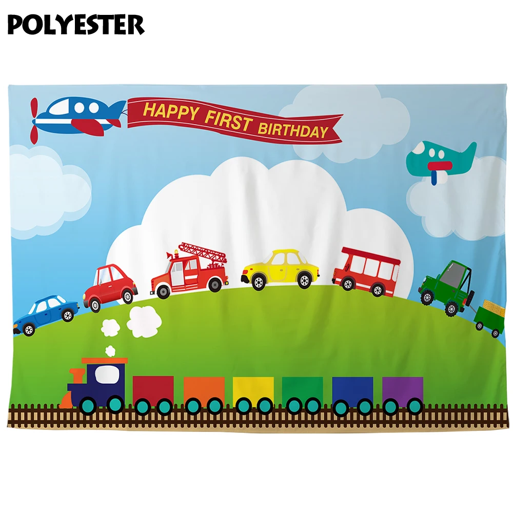 Allenjoy Cartoon Backdrop Car Bus Train Fire Truck Plane Grassland Cloud Blue Sky Ribbon Banner Happy First Birthday Pary Decor | Дом и сад
