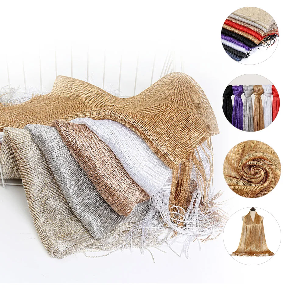 

Новое поступление, простой полиэстеровый шарф с люрексом, блестящая шаль с кисточками, шарфы с золотой нитью, Женский исламский тюрбан, пала...