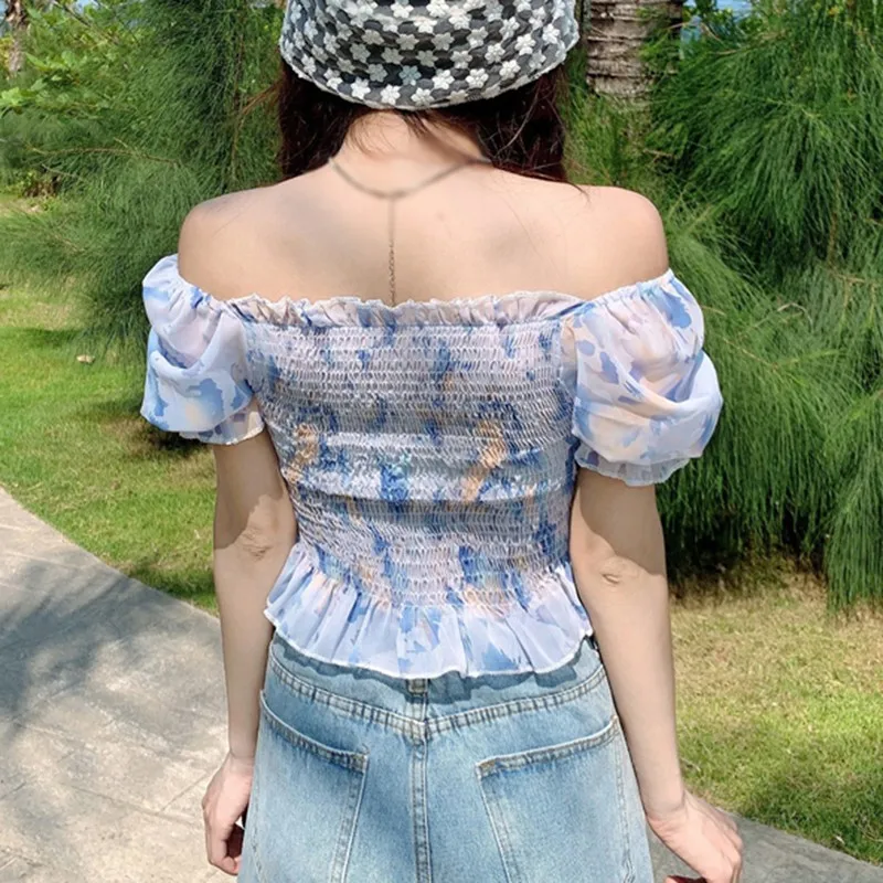 

Summer Chiffon Blouse Women Fashion Pleated Contrast Square Collar Short Sweet Solid Color Shirt Tops