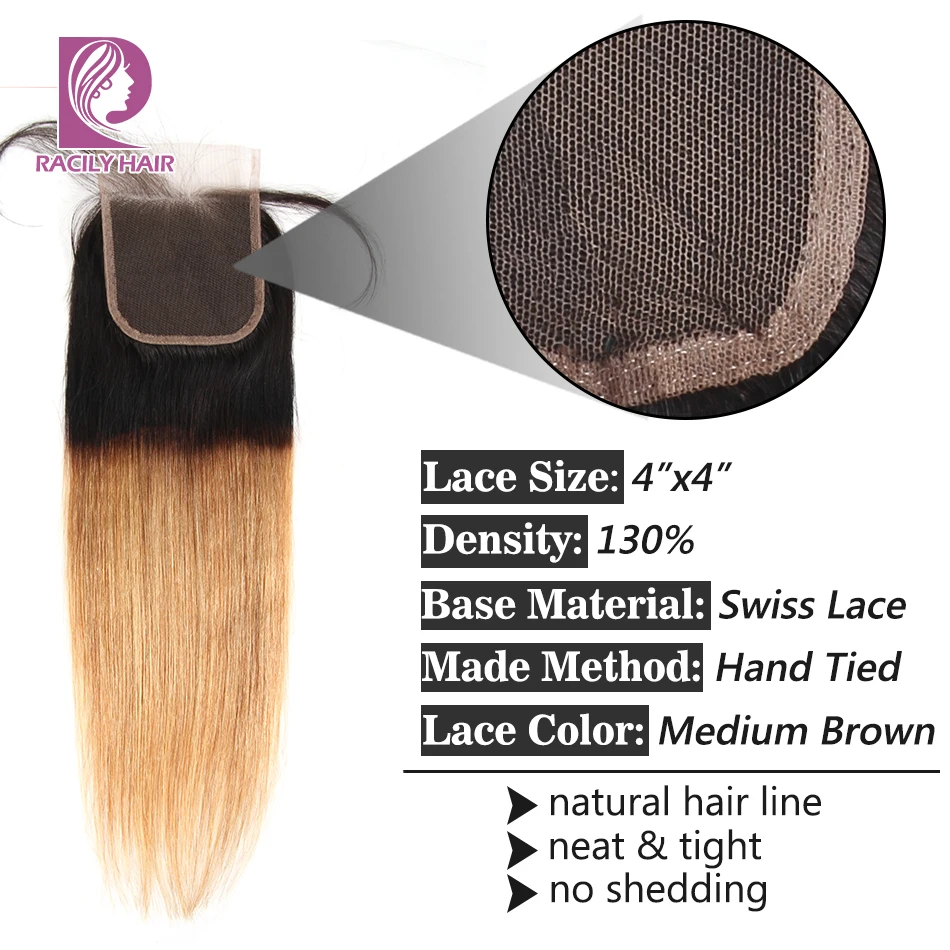 Racily Hair T1B/27, перуанские прямые волосы, пряди с закрытием, блонд, Омбре, Remy, человеческие вплетаемые волосы, 3/4 пряди на шнуровке