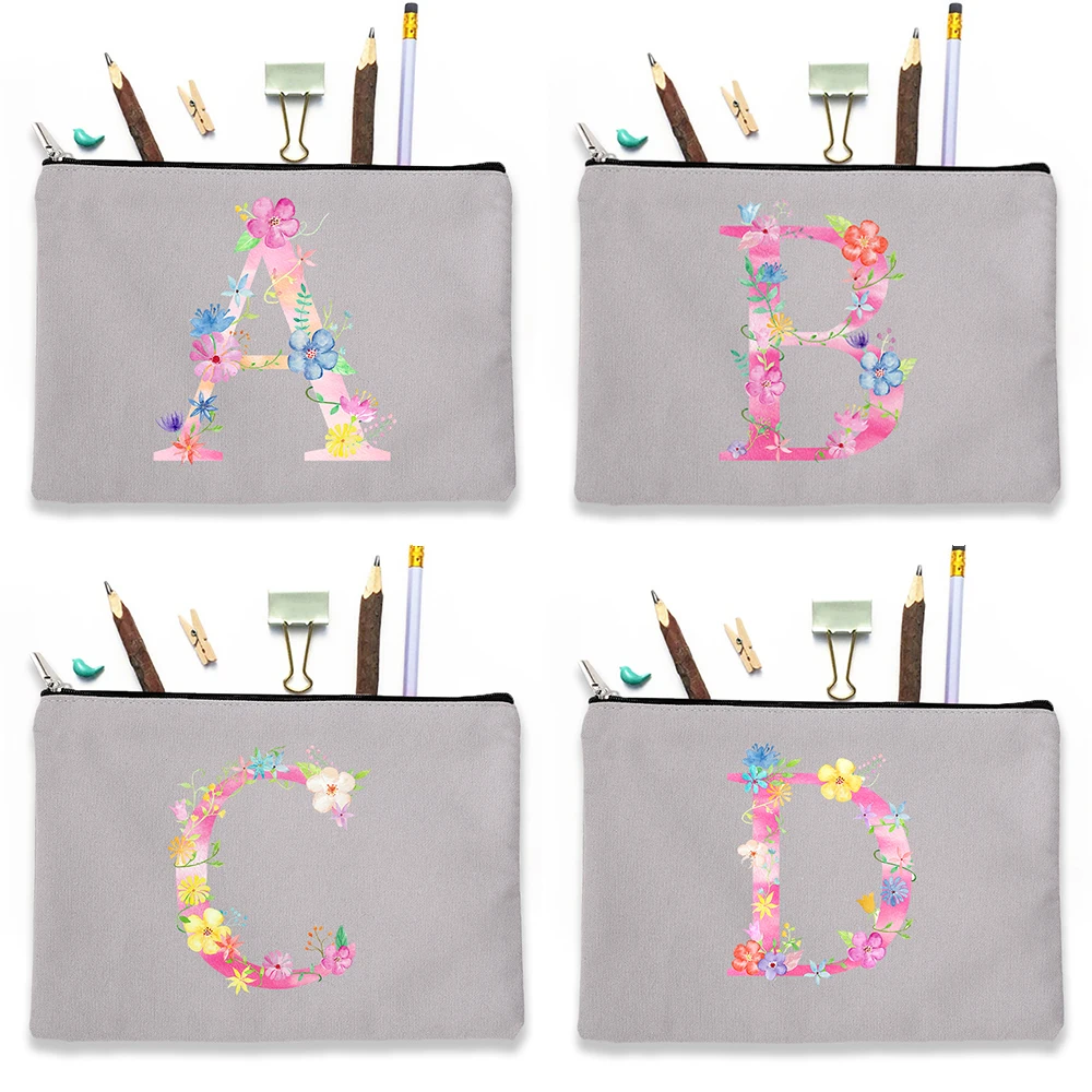 

Flowers Alphabet Women Canvas Gray Cosmetic Cases Bag Fashion Casual Makeup Pouch purse Handbag Lipstick Storage Organizer Gifts