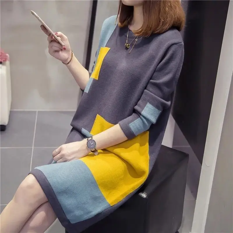 2019 Новая Женская осенне зимняя мода плюс размер 3xl трикотаж женское платье свитер