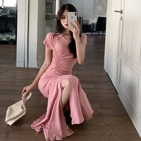 summer casual sweet cotton o neck short sleeve pink pleated split mermaid dress women long black sweet korean long dress
