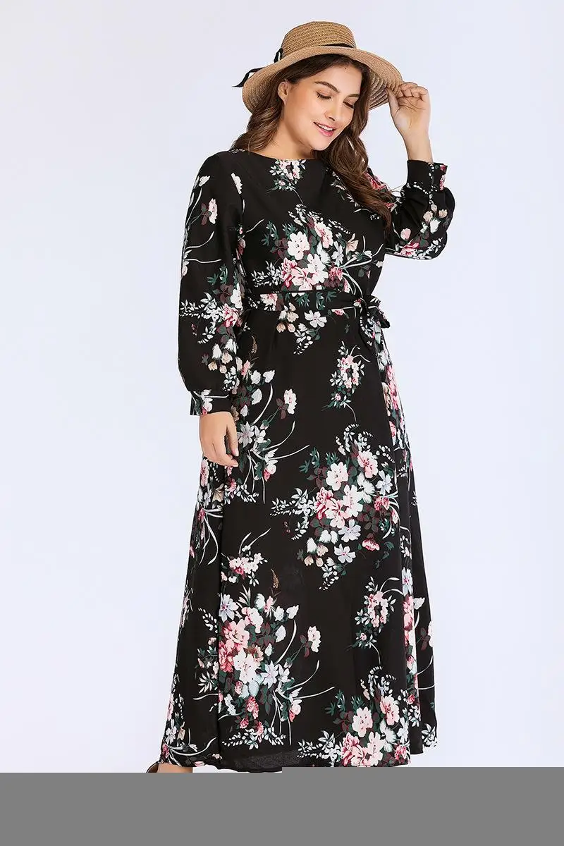 Женское длинное платье макси с цветочным принтом Abaya коктейльное круглым вырезом