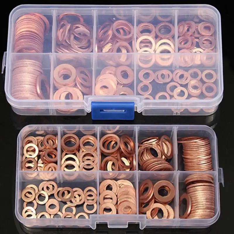 200Ps/box Copper Washer Gasket Nut and Bolt Set Flat Ring Seal Assortment Kit with Box //M8/M10/M12/M14 for Sump Plugs Water |