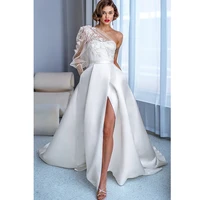 one shoulder wedding dresses 2021 sweetheart a line 3d flower applique wedding gowns sexy satin split bride dress robe de mari%c3%a9e