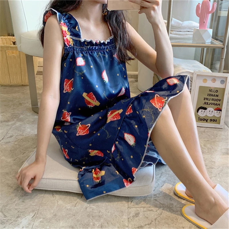 

Летняя Ночная сорочка на бретелях, Женская вискозная тонкая пижама с милым мультяшным рисунком, домашняя одежда, Свободный Повседневный те...