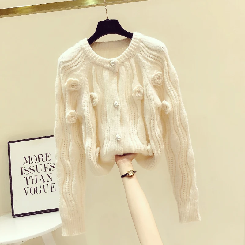

Vintage Tie Flower Sweater Women's Short Coat Autumn Winter New Long Sleeve Round Neck Knitted Cardigan Top Ladies Knit Sweaters