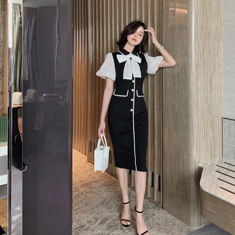 Женское винтажное вечернее платье элегантное с коротким рукавом и бантом