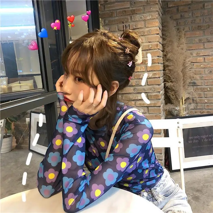 long sleeve T-shirt Летняя каваи Сетчатая футболка с длинными рукавами, с цветочным принтом, сексуальная прозрачная пляжная женская футболка, XXL - Цвет: long sleeve T-shirt