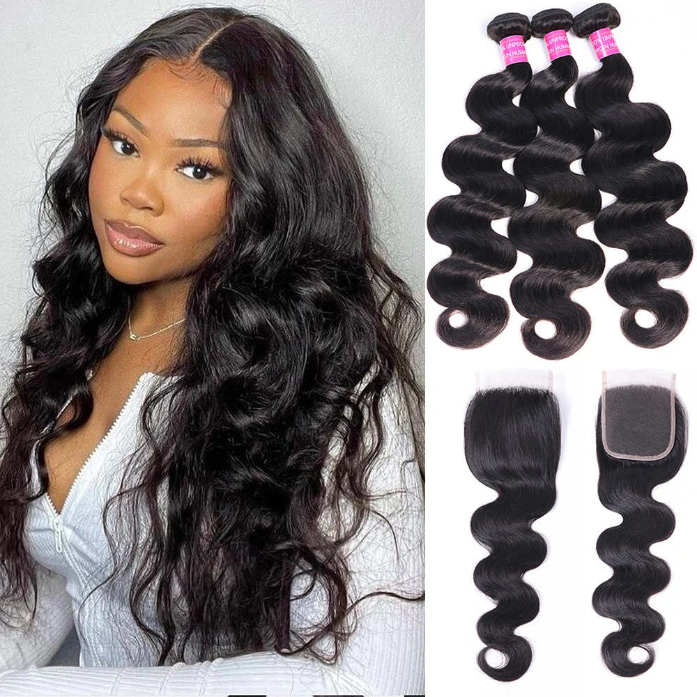 

Peruvian Body Wave Bundles With Closure Natural 100% Human Hair Extension 4x4 Free Part Closure With 3 Bundles Remy Hair Weave