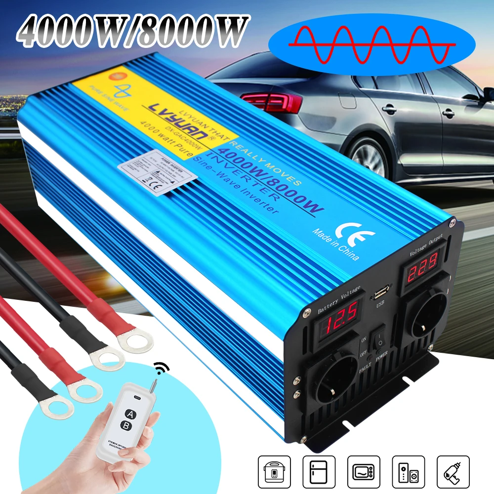 

DC 12V To 230V Car Pure Sine Wave EU Plug 8000W/7000W/6000W/5000W Dual LED Display 3.1A USB 2-4AC Socket Power Inverter