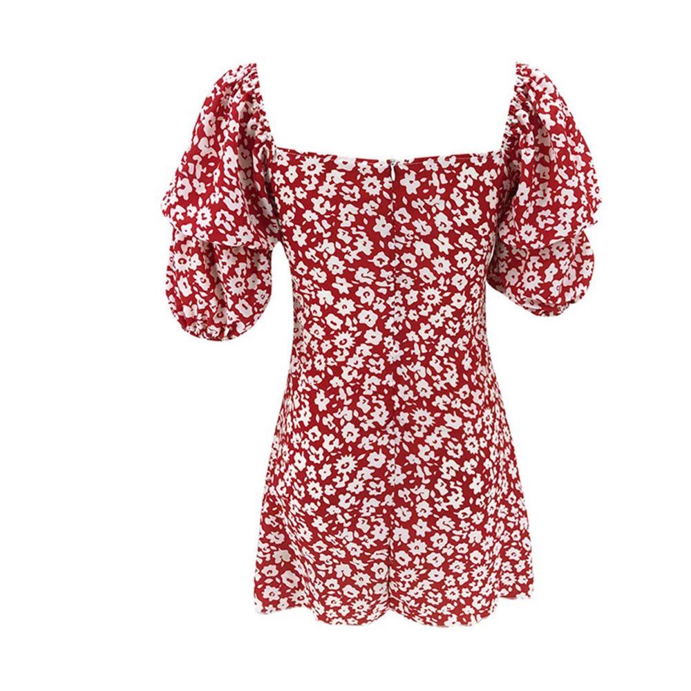 

2020 Summer Women Wrap Boho Print Dress Ladies Holiday Beach Short Sleeve Square Neck Mini Dress