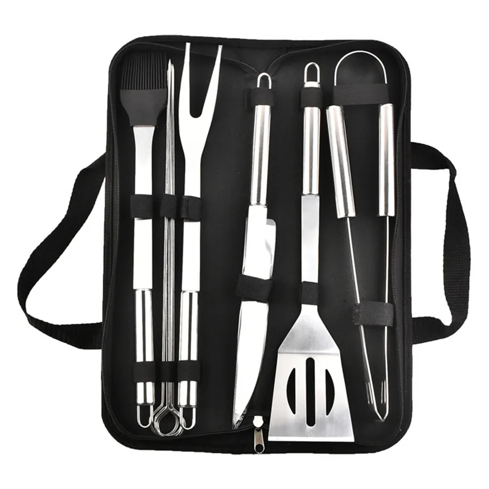 9pcs/set Stainless Steel BBQ Tools Set Barbecue Grilling Kit Knife Fork Shovel Brush Clip Skewers With Oxford Bag Utensil |