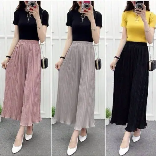 

Summer Pantskirt Women's High Waist Ruffles Thin Chiffon Wide-Leg Pants Cropped Pants Pleated Trousers Loose Flared Pants