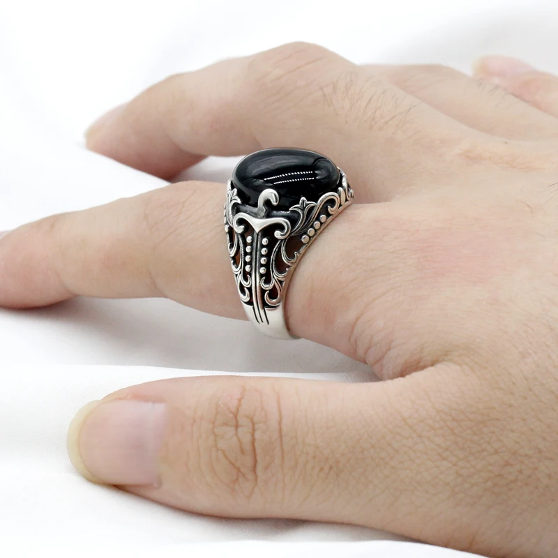 

Natural Black Agate Ring for Men 925 Sterling Silver Mens Sword Aqeeq Rings Turkish Handmade Religious Jewelry Gift Size 8-12